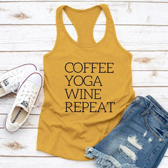 Repeat Coffee, Yoga, Wine: Women's Funny Racerback Tank for Gym and Summer Workouts - The Piety Shop