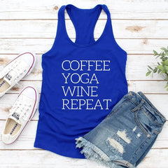 Repeat Coffee, Yoga, Wine: Women's Funny Racerback Tank for Gym and Summer Workouts - The Piety Shop