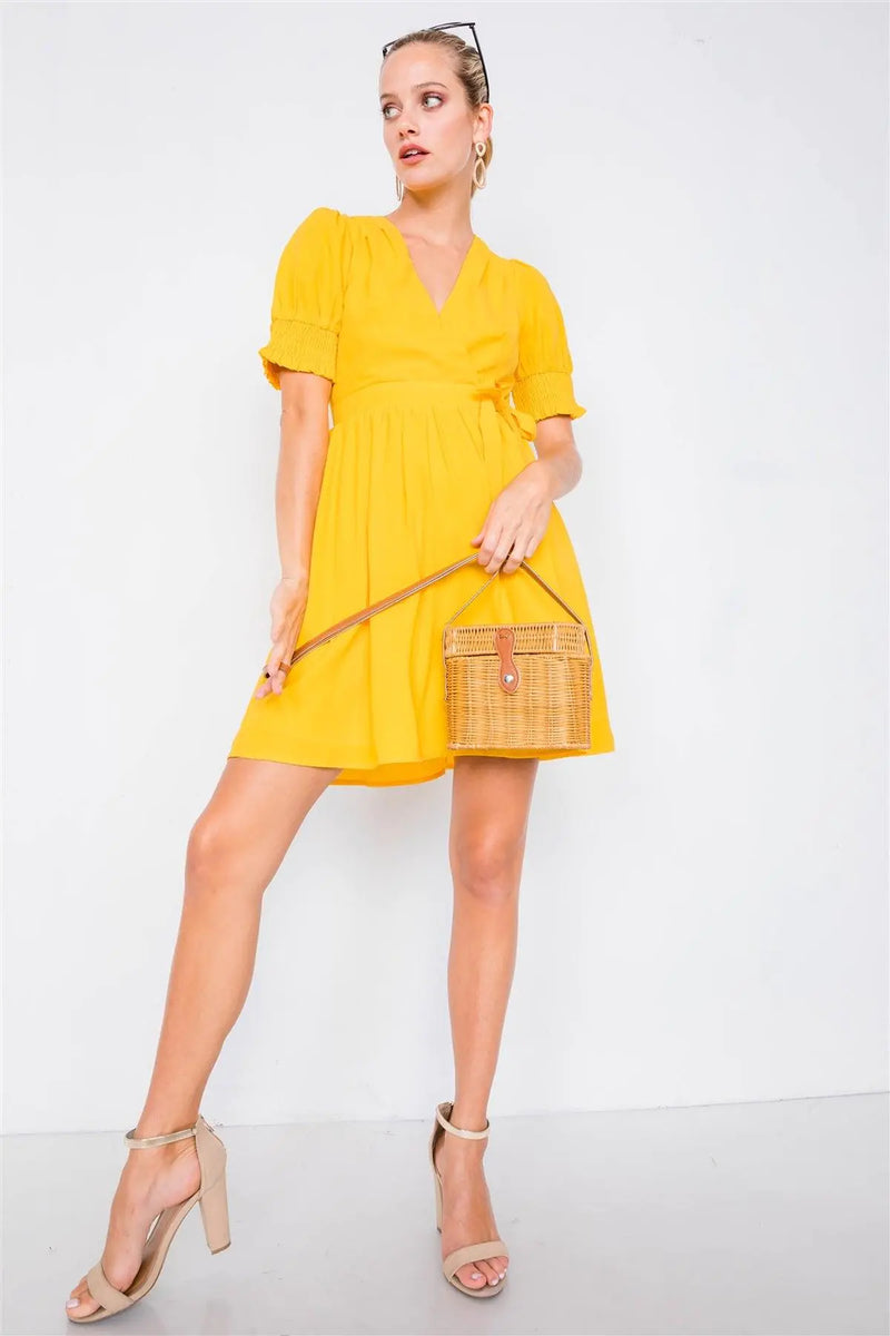 Yellow Vintage V-Neck Smocked Short Puff Sleeve Classic Mini Sundress /2-2-2 - The Piety Shop