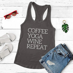 Repeat Coffee, Yoga, Wine: Women's Funny Racerback Tank for Gym and Summer Workouts - The Piety Shop