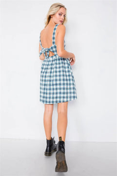 Blue Plaid Stripe Cut Out Back Bow Midi Sundress /2-2-2 - The Piety Shop