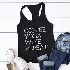 Repeat Coffee, Yoga, Wine: Women's Funny Racerback Tank for Gym and Summer Workouts - The Piety Shop