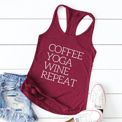 Repeat Coffee, Yoga, Wine: Women's Funny Racerback Tank for Gym and Summer Workouts - The Piety Shop